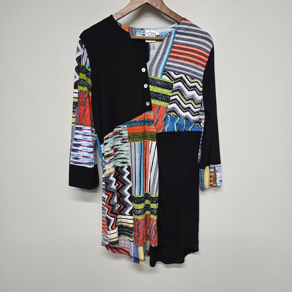 Parsley & Sage Patchwork Tunic Top Womens Medium 3/4 Sleeve Art to Wear Boho